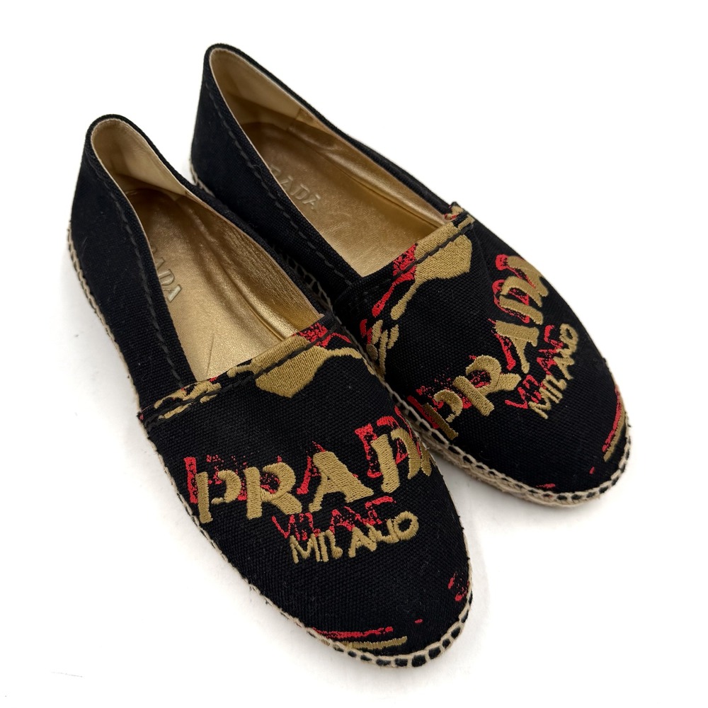 Prada Logo Espadrilles Black Canvas Gold Red Embroidered Flats Sz 36 / 6